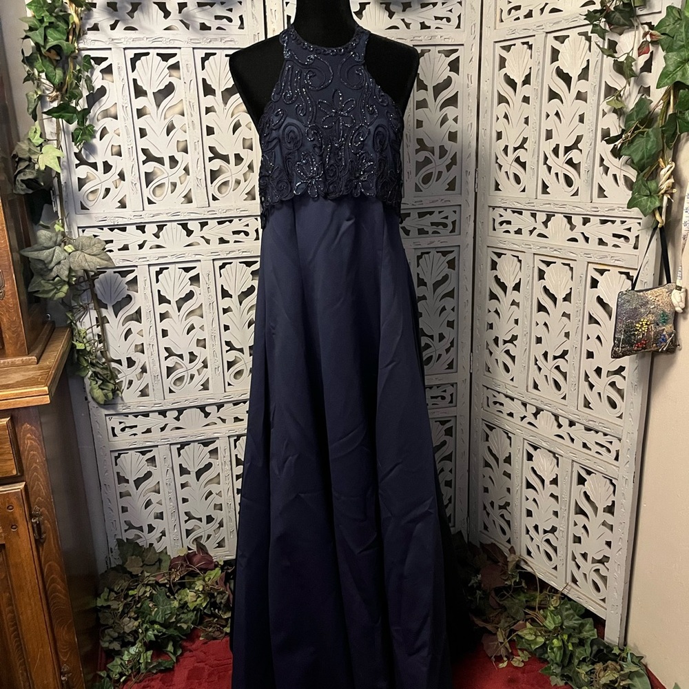 NIGHT SCENE ELEGANT NAVY BLUE 2pc DRESS & JACKET WITH BEADING FORMAL DRESS